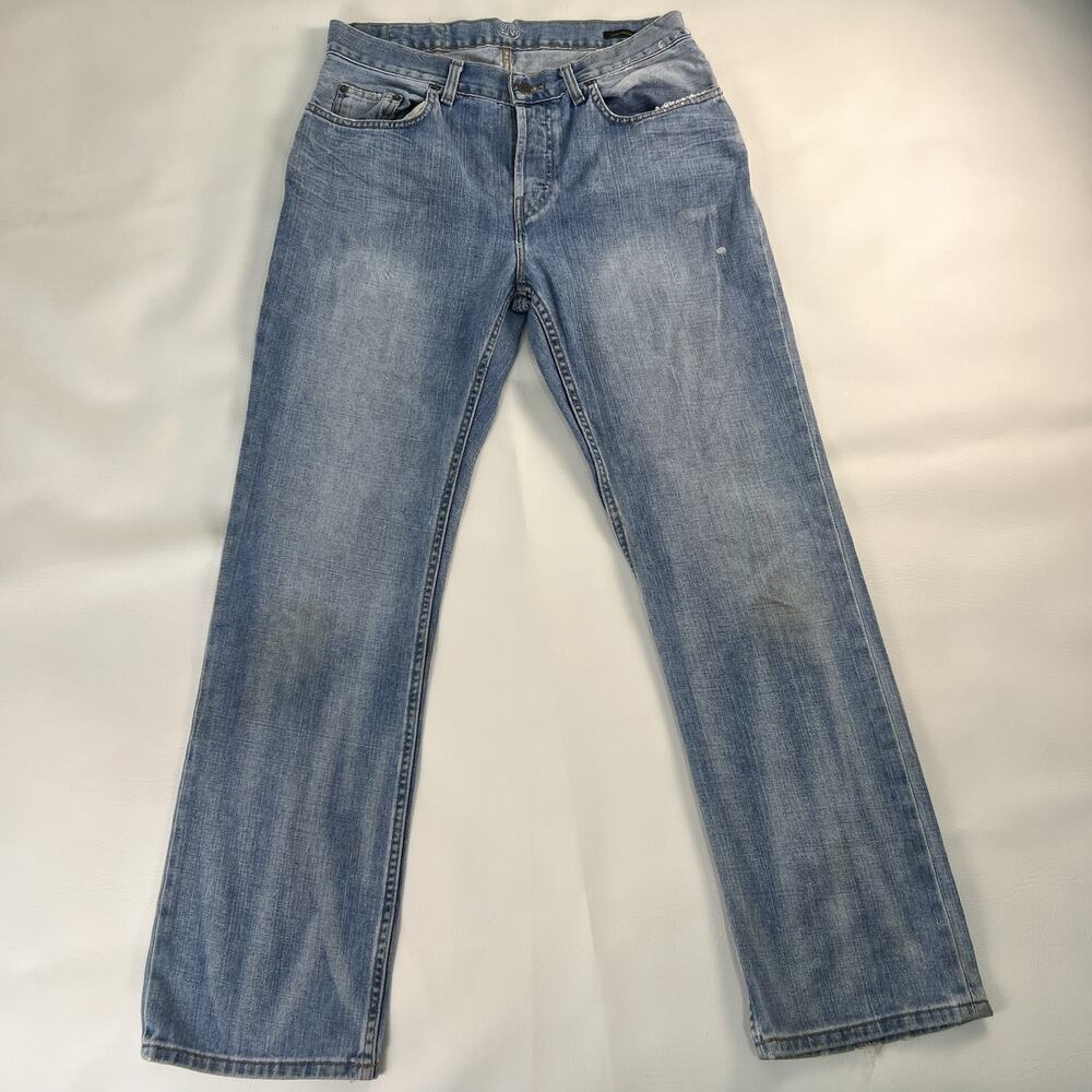 East/West Hand Finished‎ Jeans Men's 34 x 32 Light Blue Denim Distressed Casual
